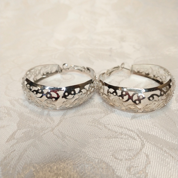 Monaco Exquisite Silver Filigree Hoops and Clear Rhinestones Statement Earrings - Picture 2 of 3